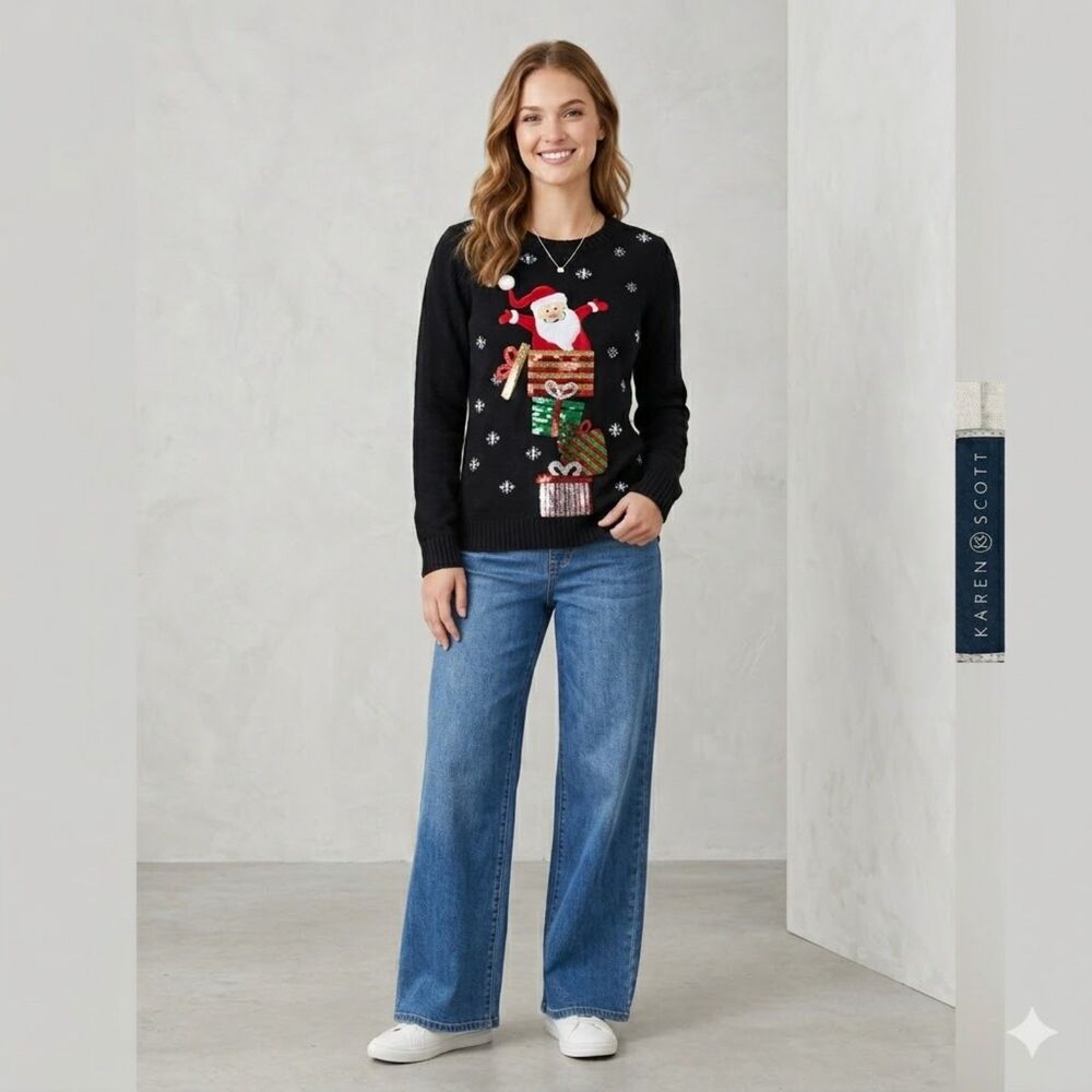 Karen Scott Womens Black Christmas sweater size Petite Medium, Christmas Party